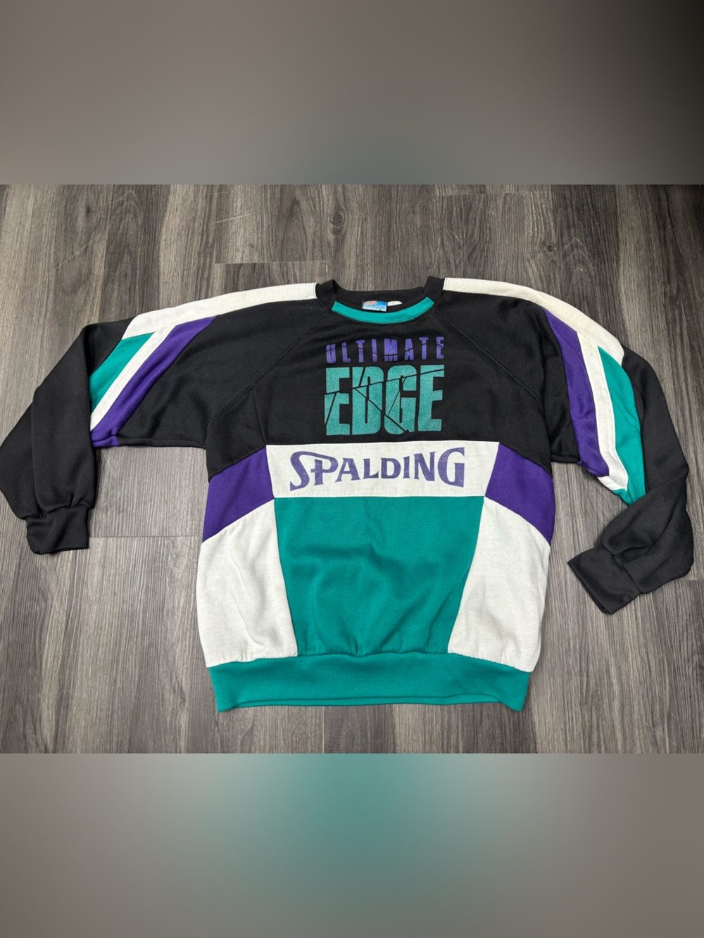 Vintage 80’s Deadstock Spalding Black, Teal & Purple Colorblock Crewneck LG